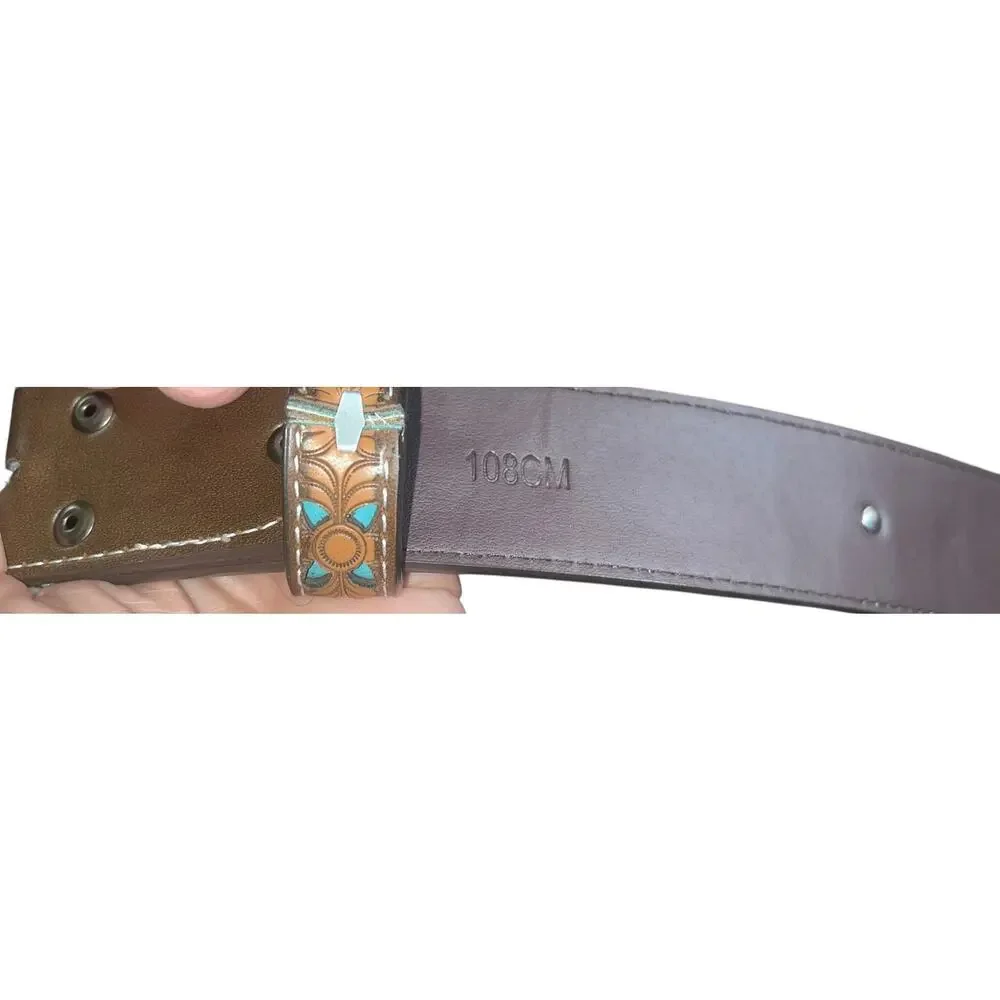 Topacc PU Leather Western Belt w/ Turquoise Floral Tooling Beaded Buckle